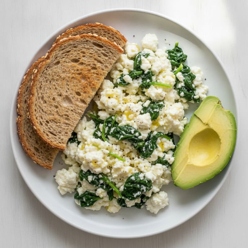 Egg White and Cottage Cheese Scramble with Sautéed Spinach