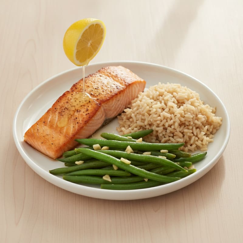 Seared Salmon with Garlic Green Beans and Brown Rice