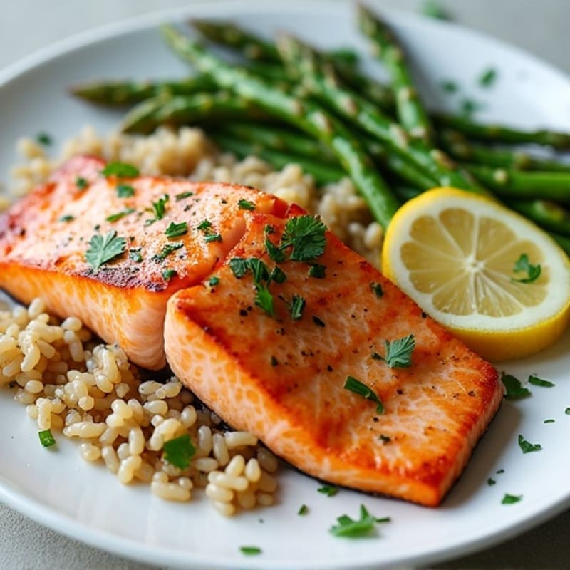 Seared Salmon with Steamed Asparagus and Brown Rice