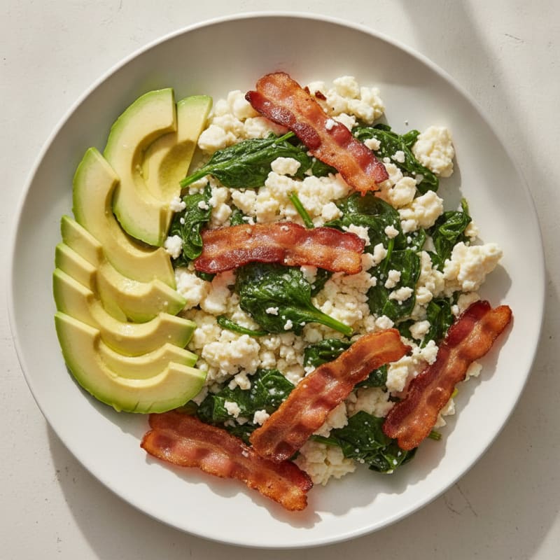 Crispy Turkey Bacon and Egg White Scramble with Sautéed Spinach