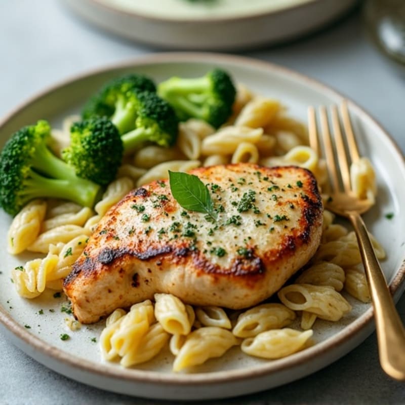 Creamy Pesto Chicken with Whole Wheat Pasta and Roasted Broccoli