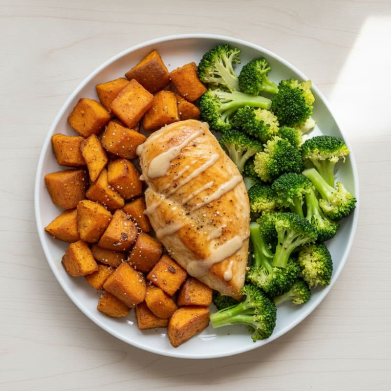 Oven-Baked Chicken Breast with Roasted Sweet Potatoes and Steamed Broccoli