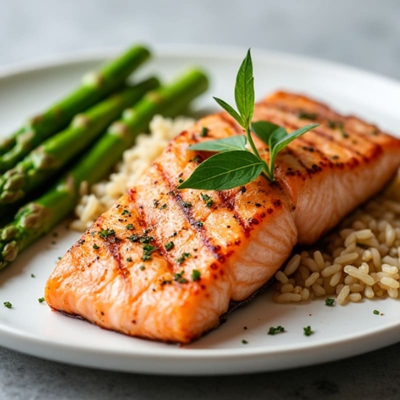 Seared Salmon with Steamed Asparagus and Brown Rice