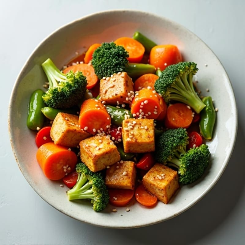 Crispy Sesame-Glazed Tofu with Ginger Stir-Fried Vegetables