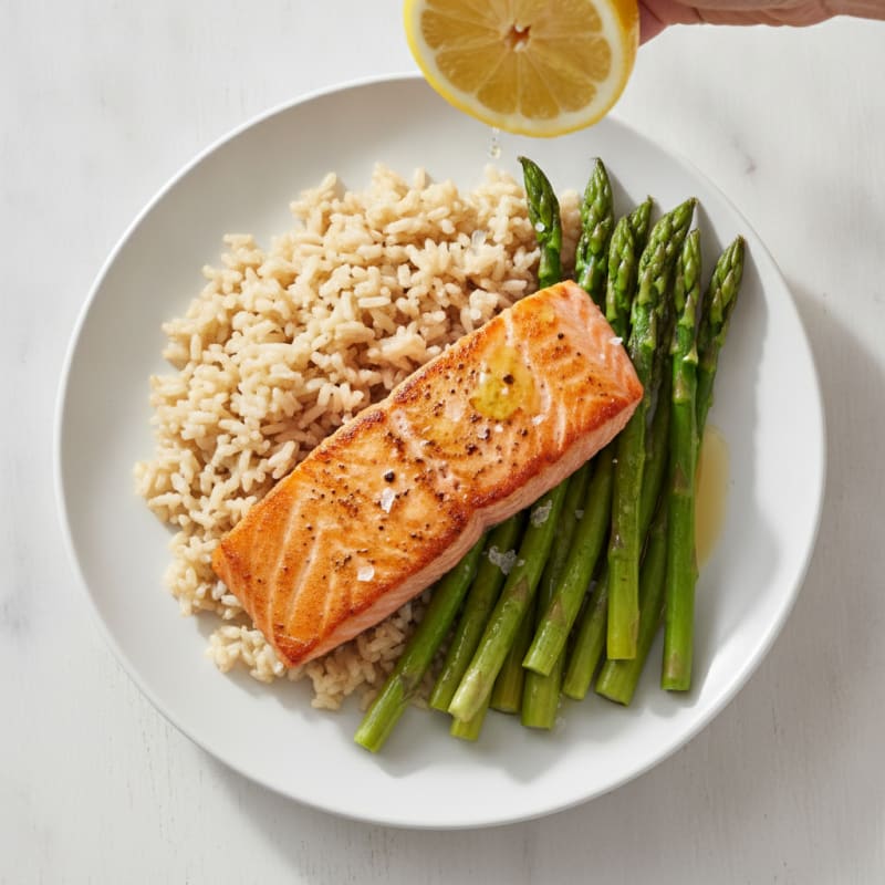 Seared Salmon with Steamed Asparagus and Brown Rice