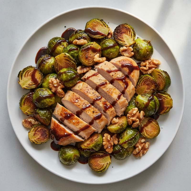Balsamic-Glazed Brussels Sprouts with Toasted Walnuts and Chicken