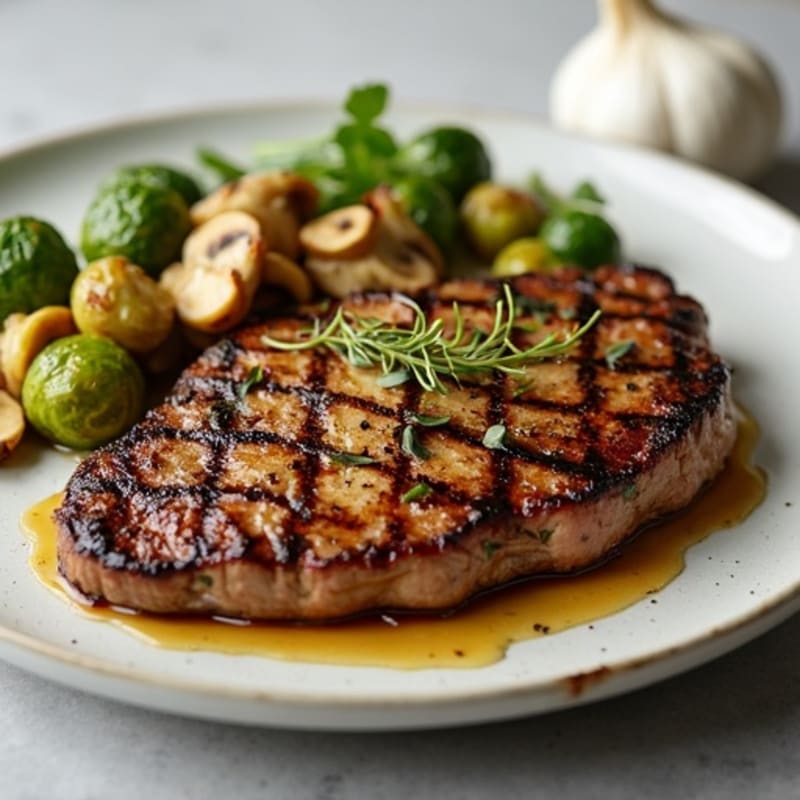 Seared Steak with Roasted Garlic Butter Mushrooms and Crispy Brussels Sprouts