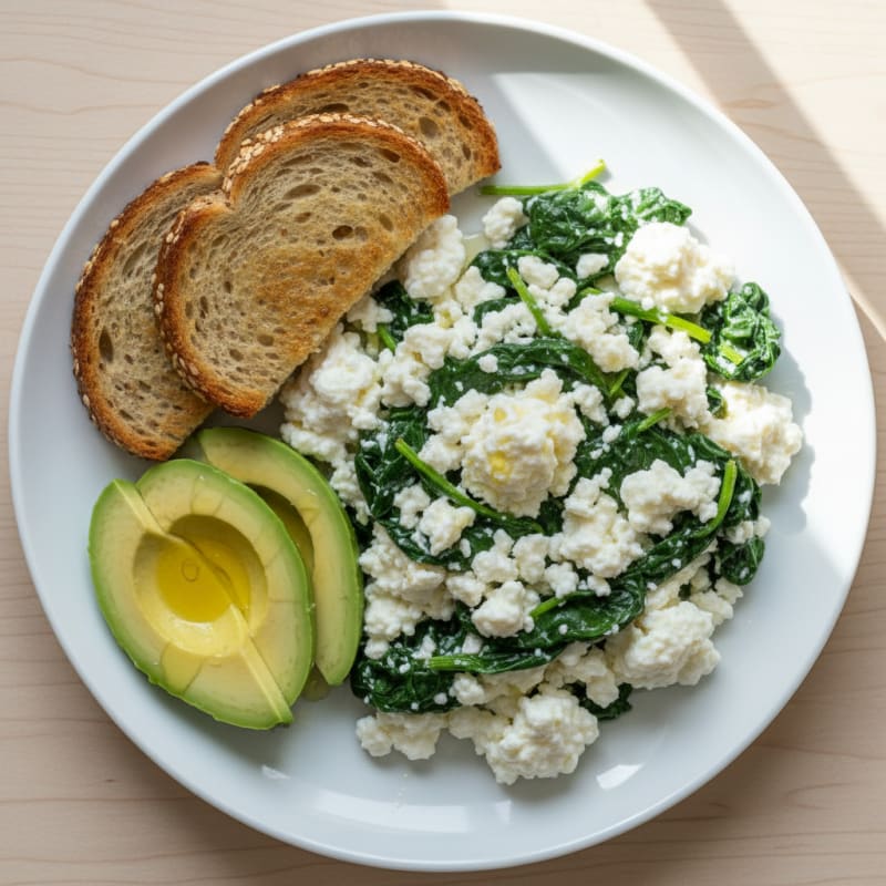 Egg White Scramble with Cottage Cheese and Sautéed Spinach