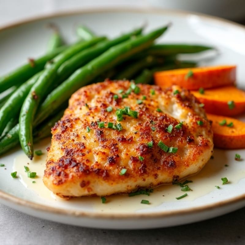 Crispy Pan-Seared Chicken with Roasted Sweet Potatoes and Green Beans