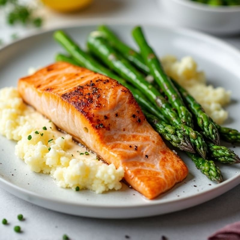 Seared Salmon with Steamed Asparagus and Cauliflower Mash