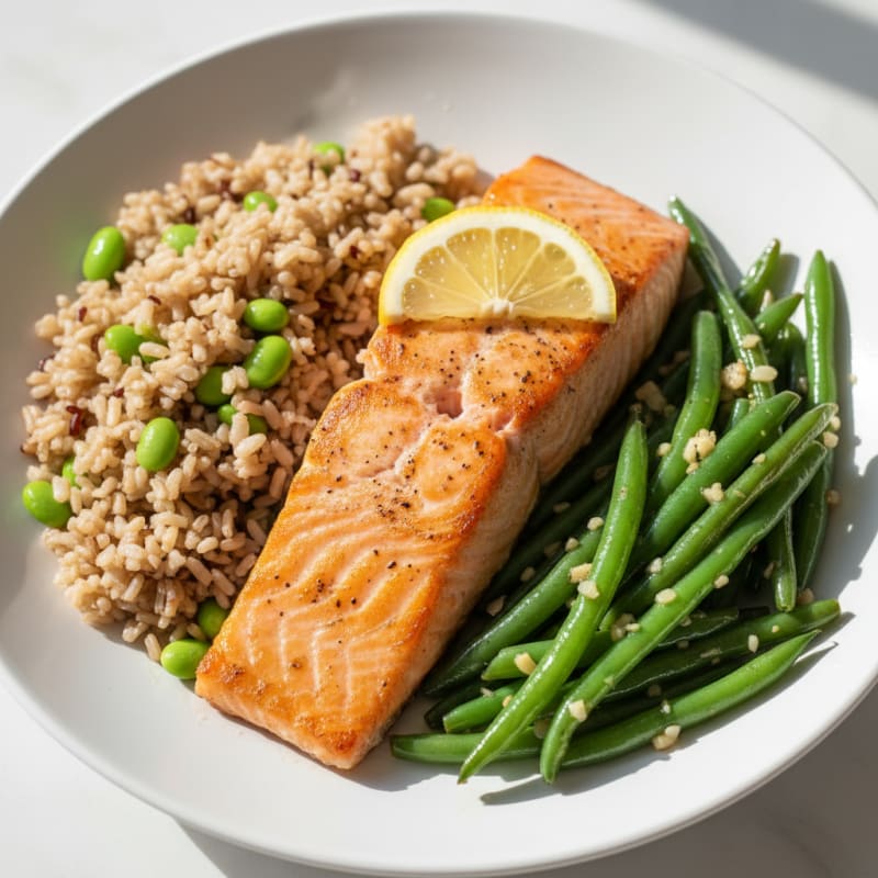 Seared Salmon Fillet with Garlic Green Beans and Brown Rice