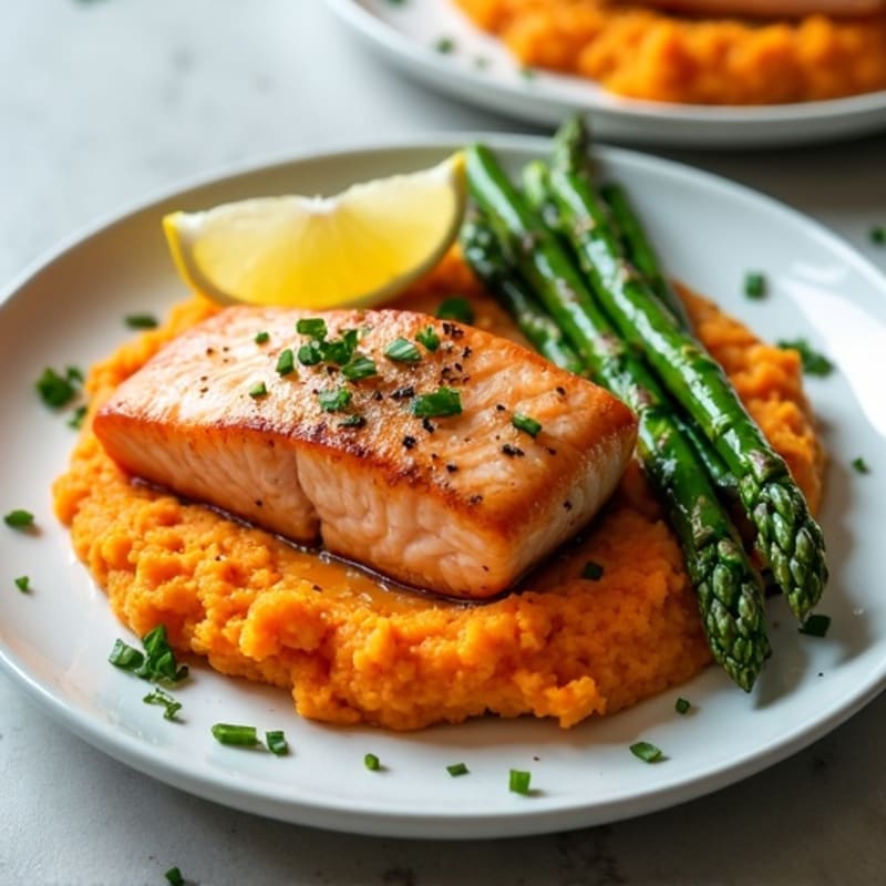 Seared Salmon with Steamed Asparagus and Sweet Potato Mash
