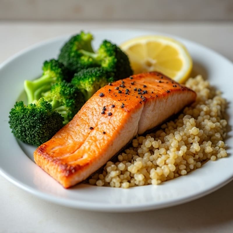 Seared Salmon with Steamed Broccoli and Quinoa