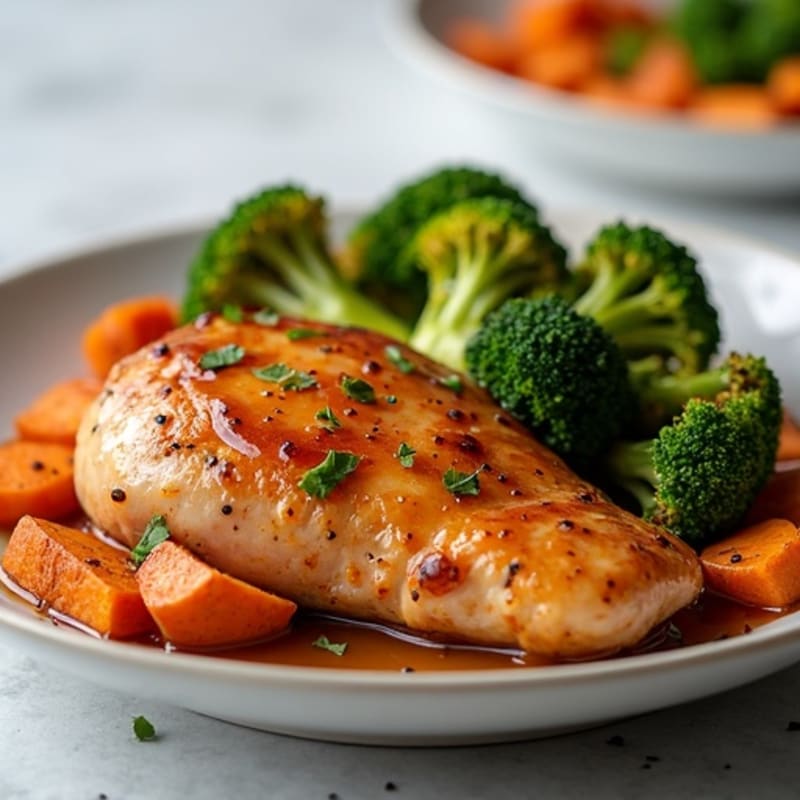 Sticky Maple-Glazed Chicken with Roasted Sweet Potatoes and Crispy Broccoli