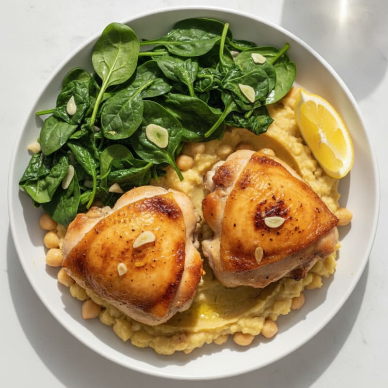 Roasted Chicken Thighs with Garlic Spinach and Garbanzo Mash