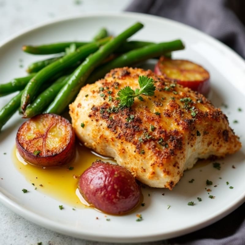 Crispy Roasted Red Potatoes with Herb-Crusted Chicken and Green Beans