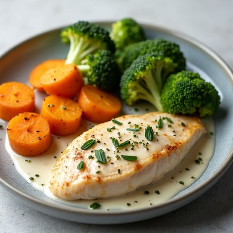 Creamy Herb Chicken with Roasted Broccoli and Sweet Potatoes