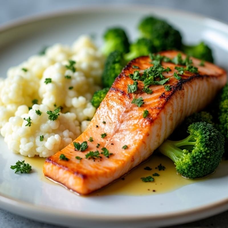 Seared Salmon Fillet with Roasted Broccoli and Garlic Cauliflower Mash