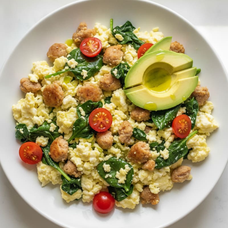 Egg White Scramble with Turkey Sausage and Sautéed Spinach