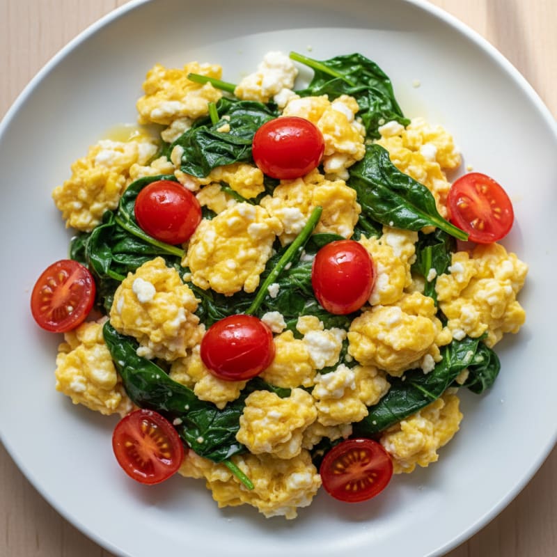 Cottage Cheese Egg Scramble with Spinach and Cherry Tomatoes