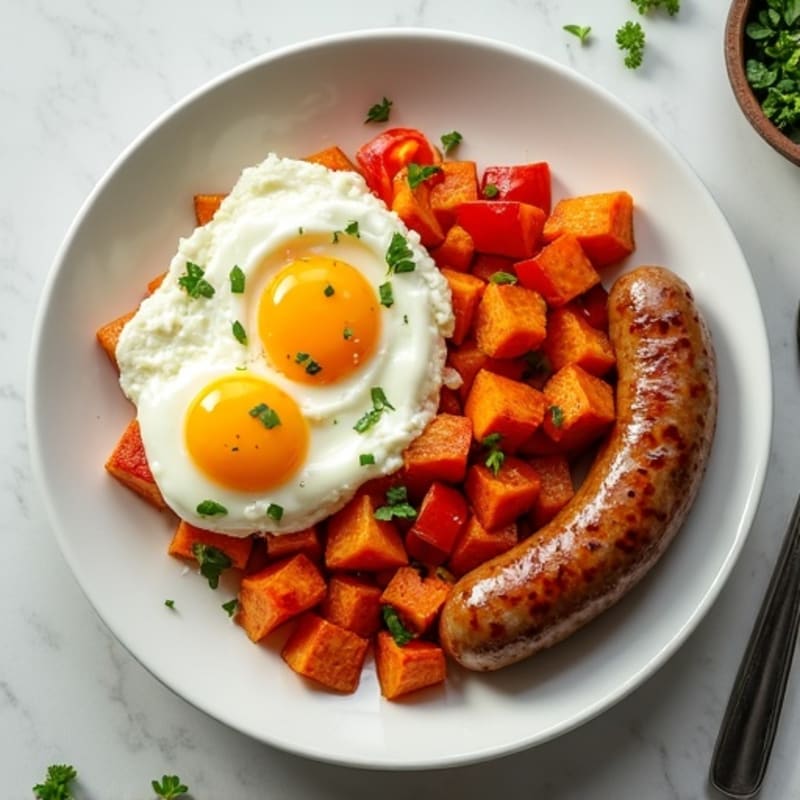 Crispy Sweet Potato and Bell Pepper Hash with Scrambled Eggs and Lean Chicken Sausage