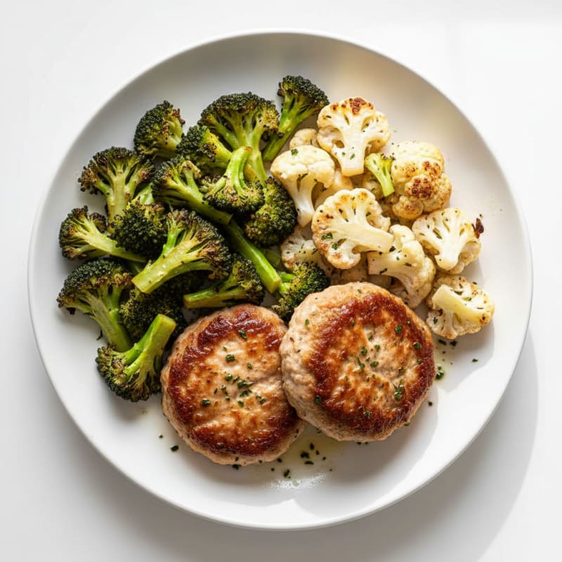 Seared Turkey Patties with Roasted Broccoli and Cauliflower
