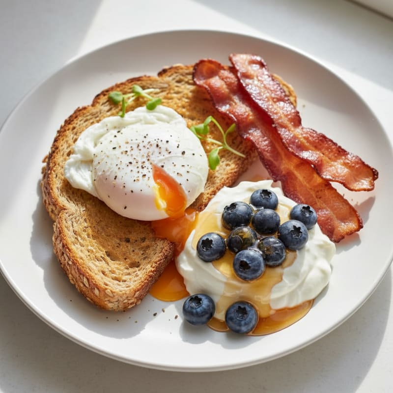 Egg and Turkey Bacon Toast with Greek Yogurt and Berry Honey Drizzle