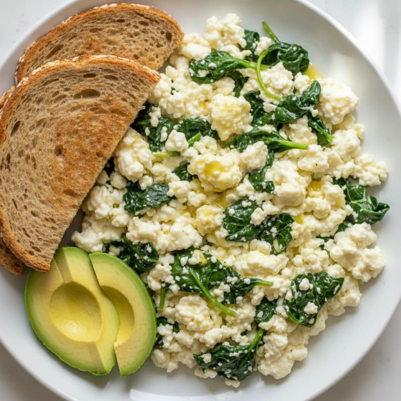 Egg White and Cottage Cheese Scramble with Sautéed Spinach