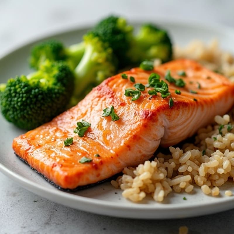 Seared Salmon with Steamed Broccoli and Brown Rice