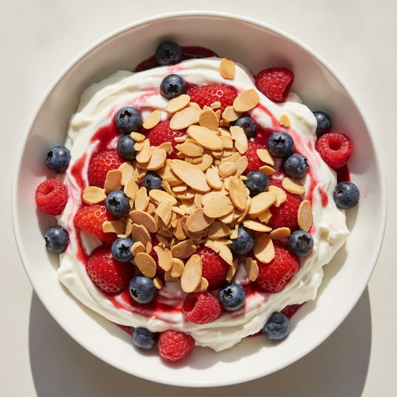 Vanilla Greek Yogurt Protein Parfait with Berries and Almonds