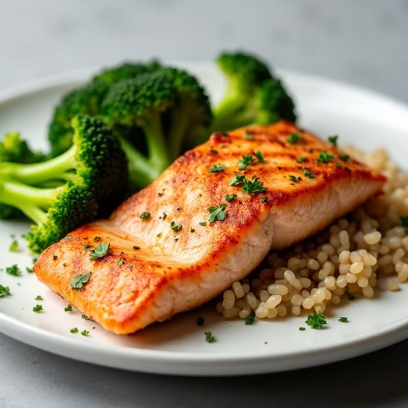 Seared Salmon Fillet with Steamed Broccoli and Brown Rice