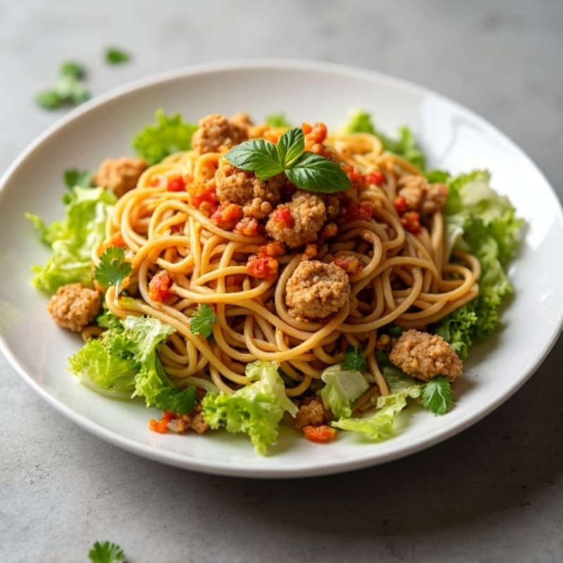 Spicy Peanut Ground Chicken Noodles with Crunchy Cabbage
