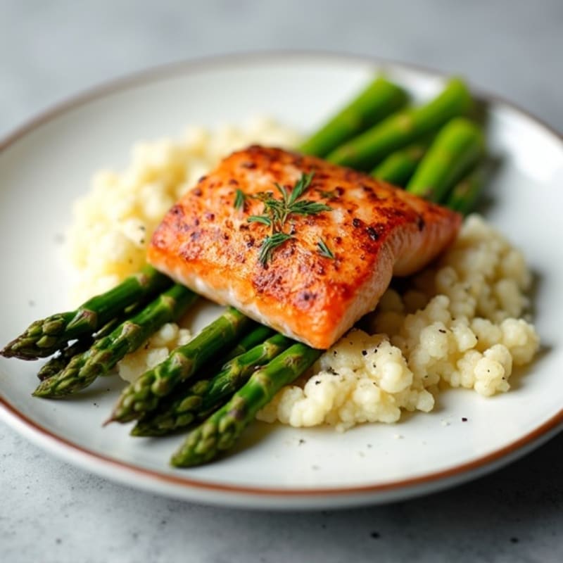 Seared Salmon with Steamed Asparagus and Cauliflower Mash