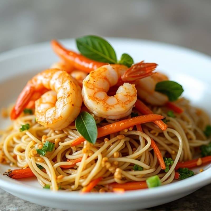 Shrimp with Tangy Peanut Rice Noodles and Crisp Vegetables