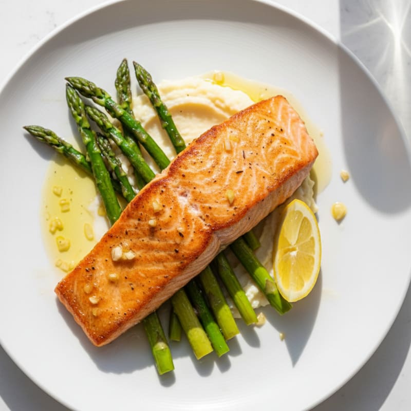 Seared Salmon Fillet with Roasted Asparagus and Cauliflower Mash