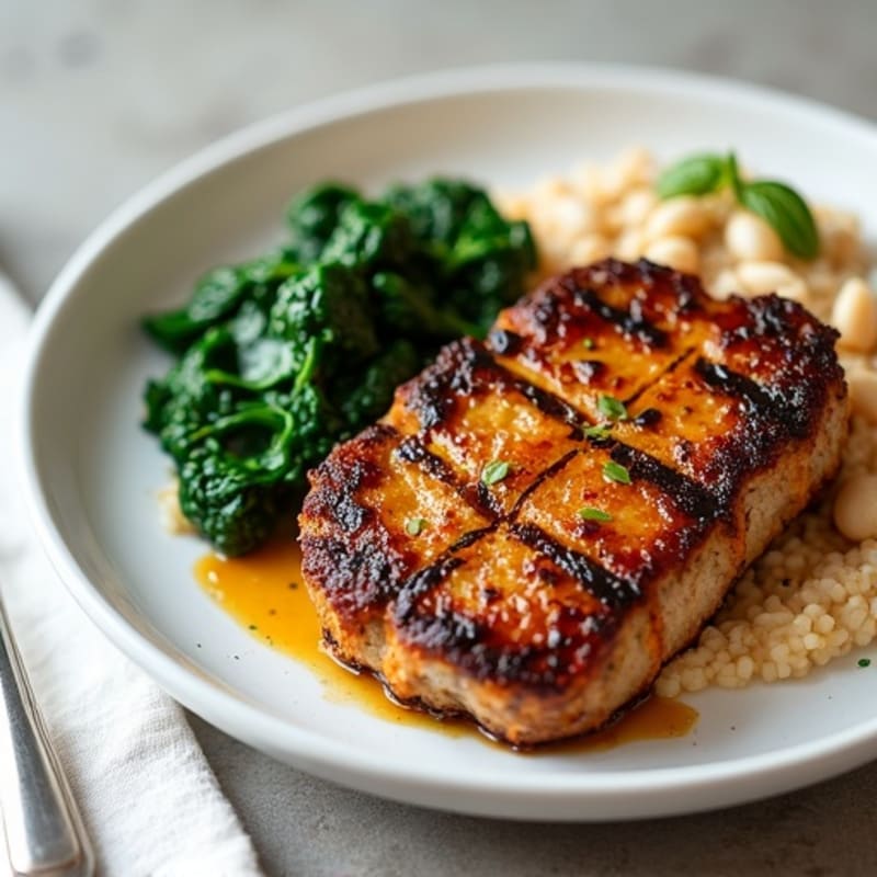 Grilled Seitan Steaks with Creamy White Bean Mash and Sautéed Spinach