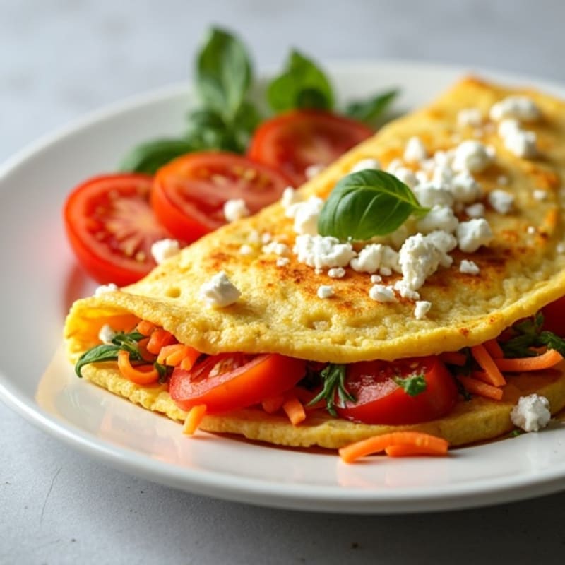 Veggie Omelet with Fresh Carrot Ribbons, Tomato Wedges and Feta