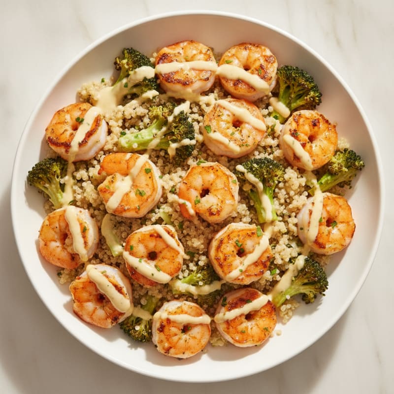 Grilled Shrimp and Quinoa Bowl with Roasted Broccoli and Lemon Tahini Drizzle