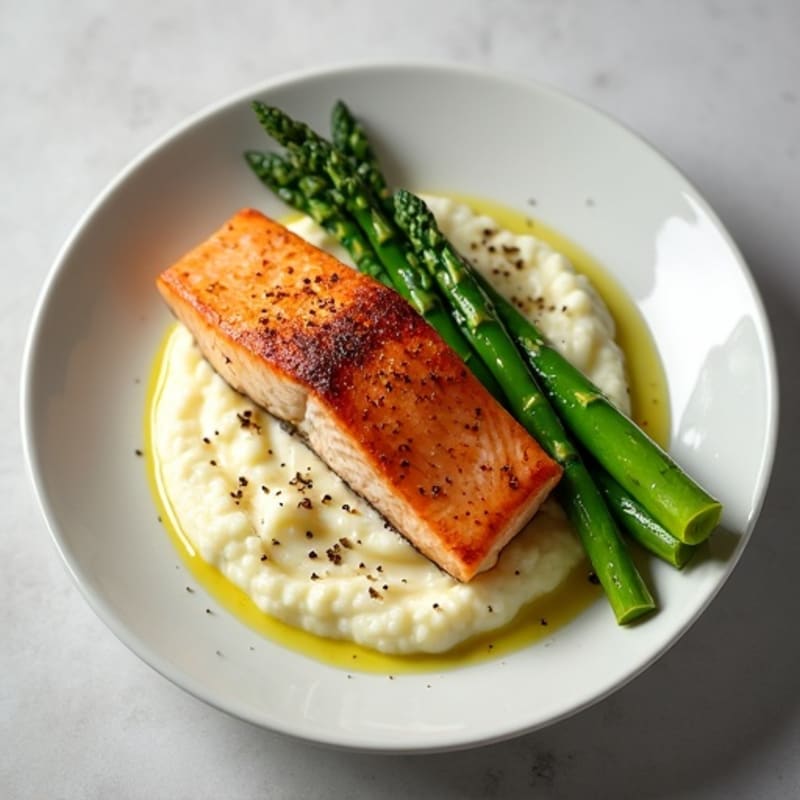 Seared Salmon with Steamed Asparagus and Cauliflower Mash