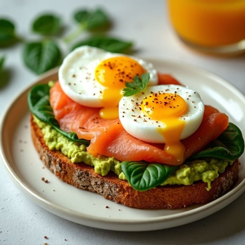 Creamy Avocado Sourdough Toast with Poached Eggs, Spinach & Smoked Salmon