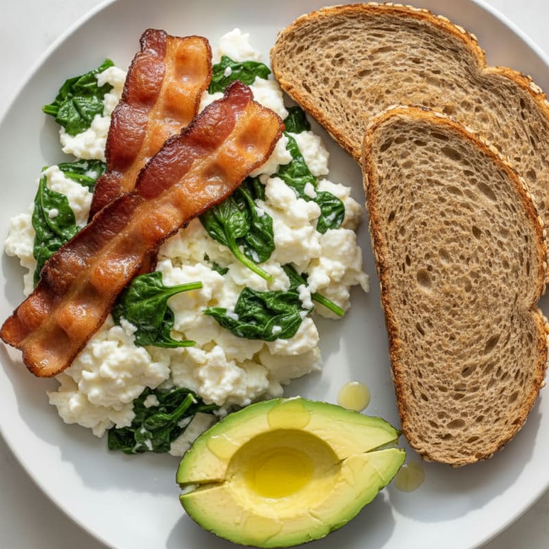 Crispy Turkey Bacon and Egg White Scramble with Sautéed Spinach
