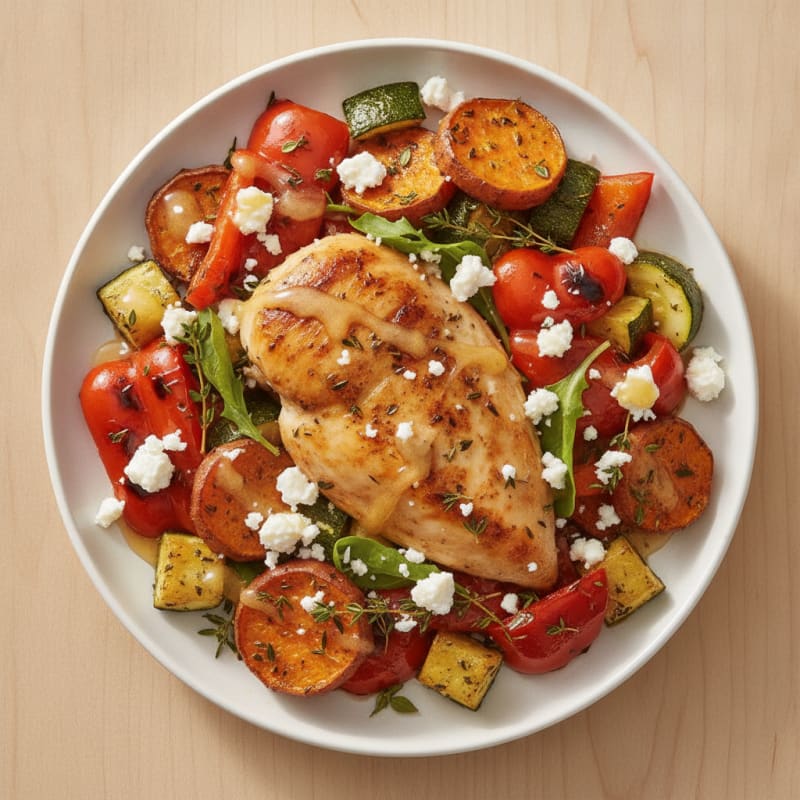 Herb-Baked Chicken with Roasted Vegetables and Feta