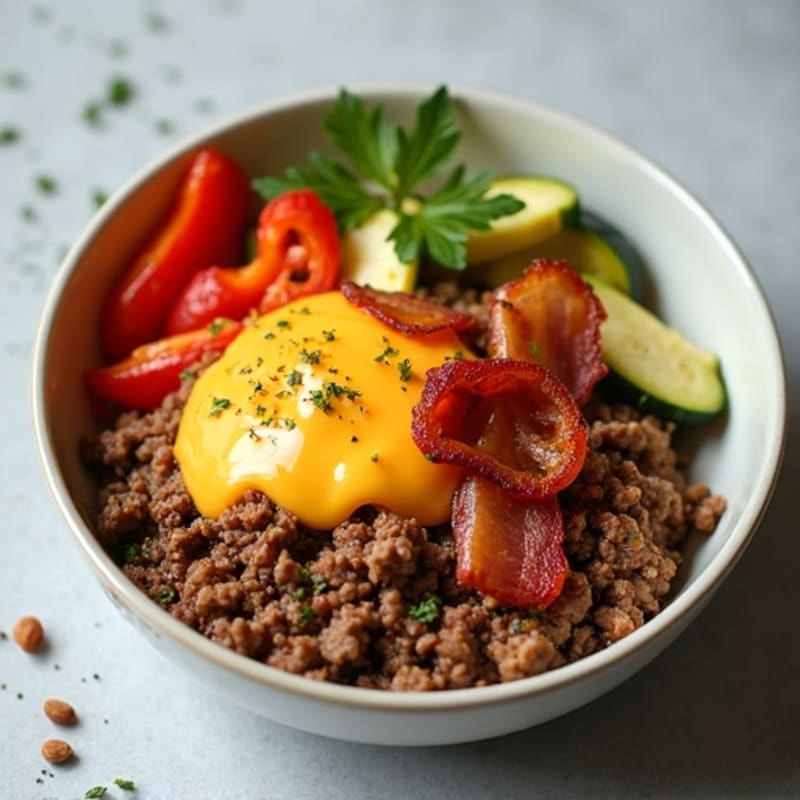 Lean Beef and Crispy Bacon Bowl with Melted Cheddar and Roasted Vegetables