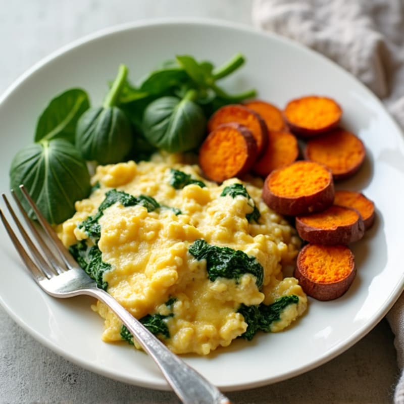 Egg White and Spinach Scramble with Roasted Sweet Potatoes