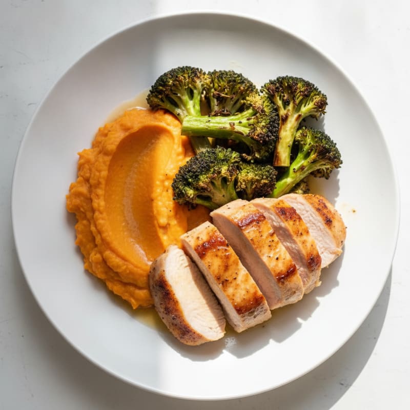 Seared Turkey Breast with Roasted Broccoli and Sweet Potato Mash