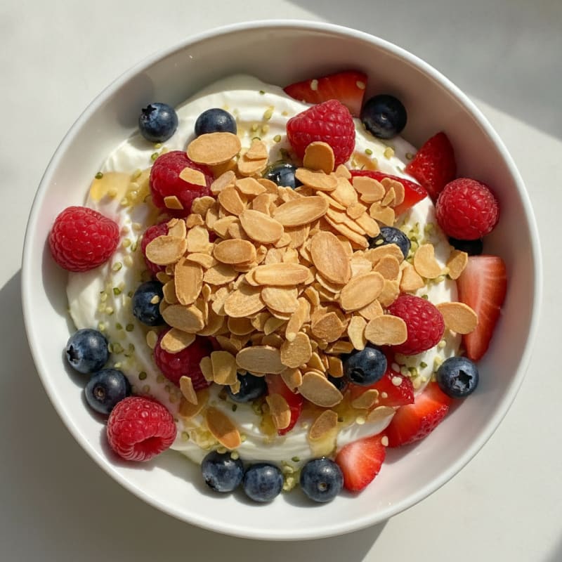 Greek Yogurt Protein Parfait with Mixed Berries and Almonds