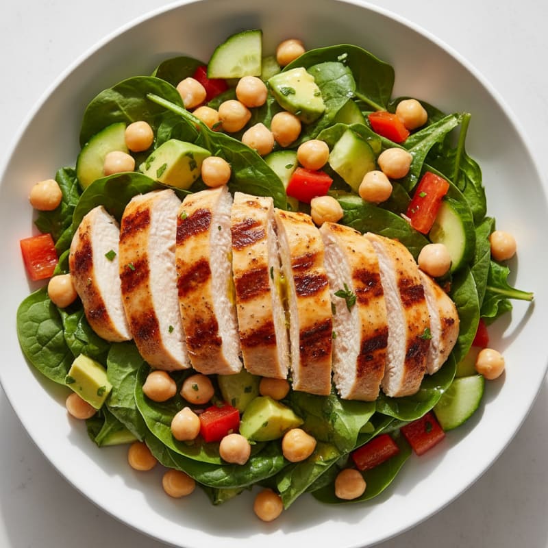 Grilled Chicken Breast Salad with Chickpeas and Crunchy Vegetables