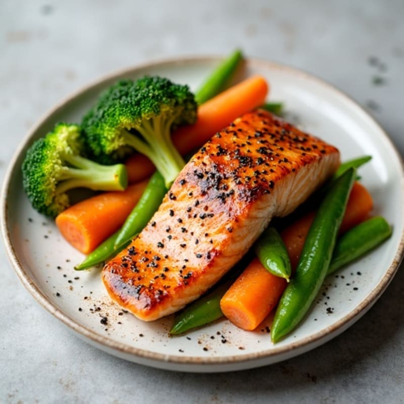 Ginger-Sesame Seared Salmon with Crispy Vegetables