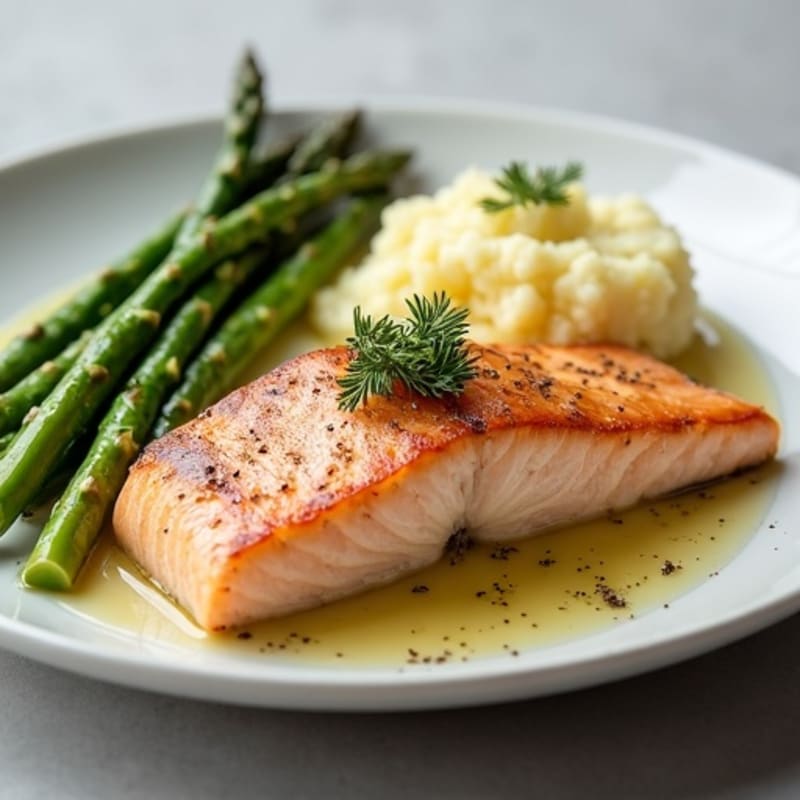 Seared Salmon Fillet with Steamed Asparagus and Garlic Mashed Cauliflower