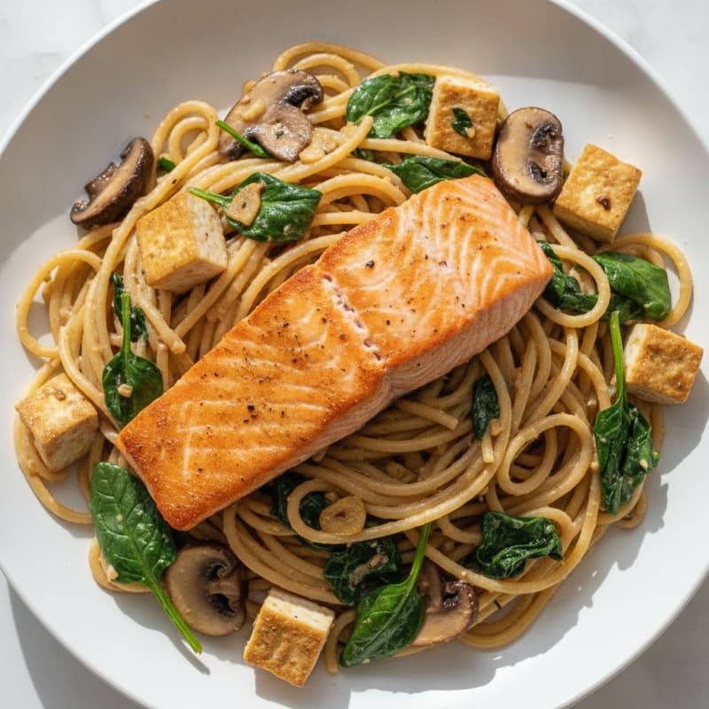 Salmon and Tofu Spaghetti with Bean Paste and Spinach